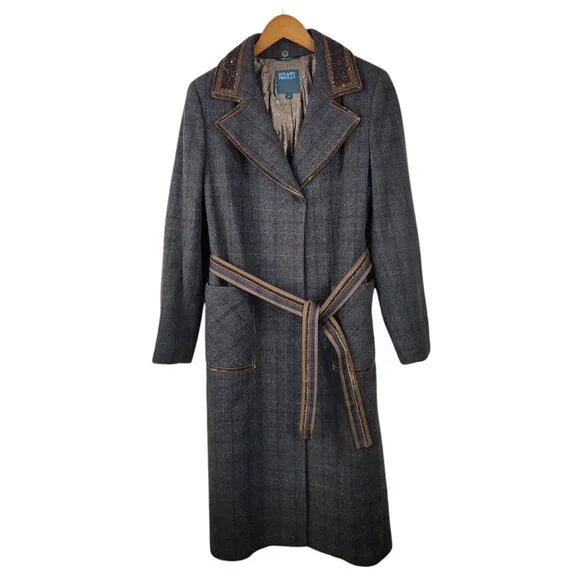 Hilary Radley Belted Wool Long Coat Sz 10 Plaid Beaded Collar